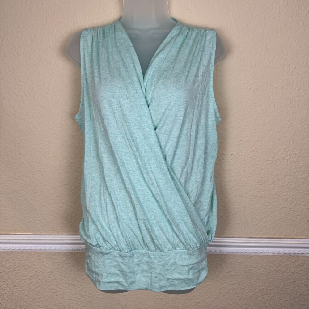 Garnet Hill Women's Blue Pima Cotton Stretch Faux Wrap Sleeveless Top Size L